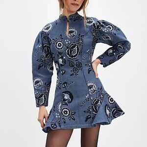 Free People x Charo Ruiz Ibiza Ara Mini Dress Small New Blue Floral Jacquard